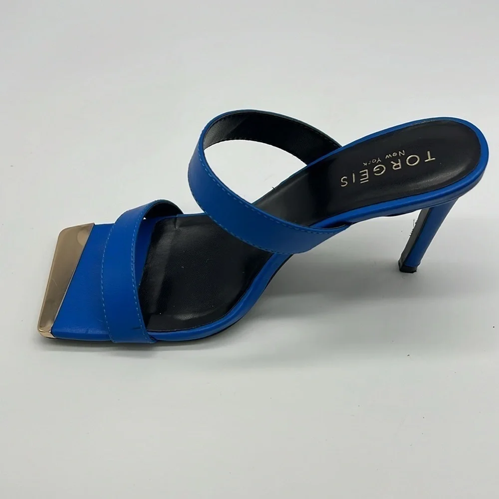 Torgeis - Antilles Bold Blue With Gold Tips Strap Sandal Open Toe Heels Size 7